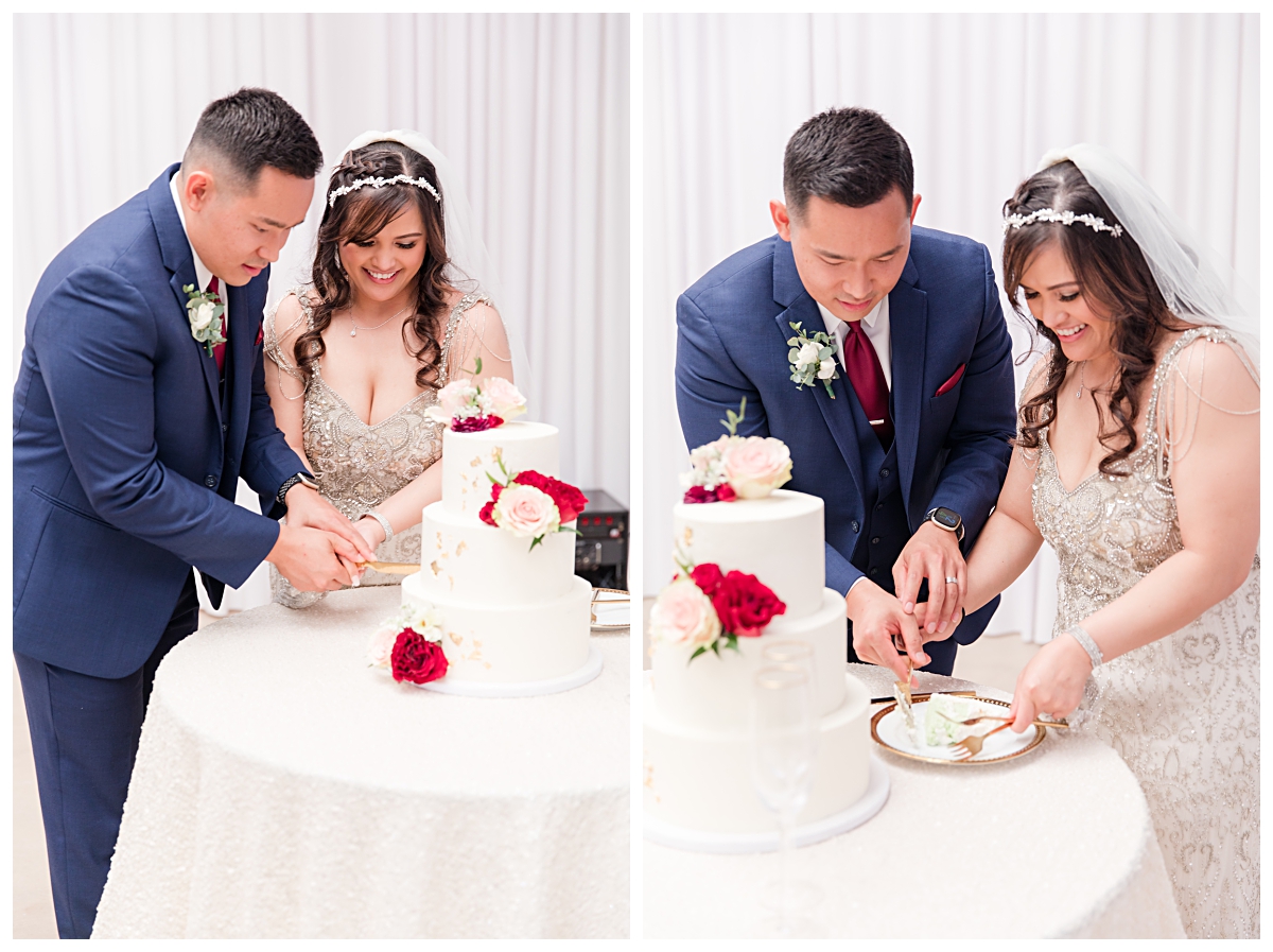 Bride in vintage beaded wedding dress and groom in navy suit and burgundy tie cuts into wedding cake at Zander House wedding photographed by Dallas wedding photographer Jenny Bui of Picture Bouquet Studio. 
