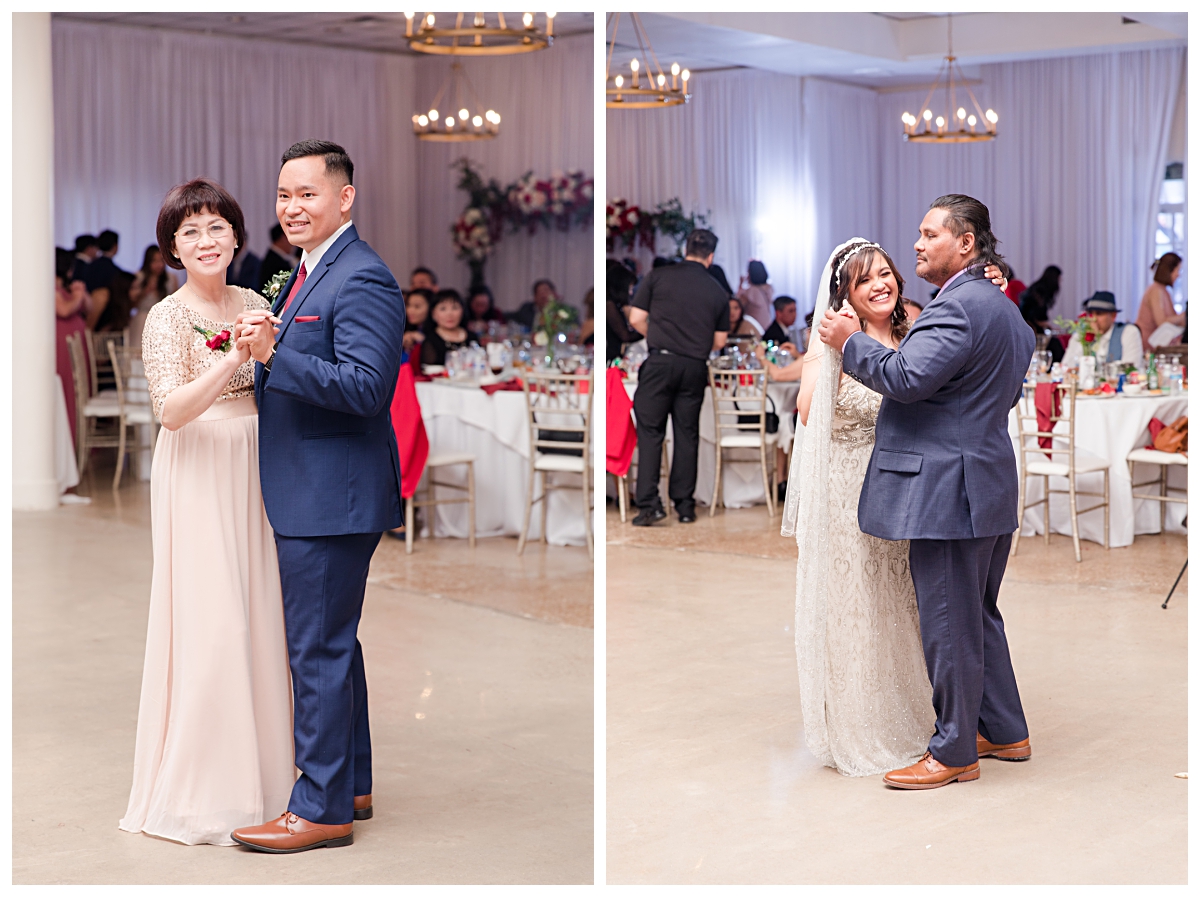 Mother and groom dancing on left and bride and father dancing on right at Zander House wedding photographed by Dallas wedding photographer Jenny Bui of Picture Bouquet Studio. 