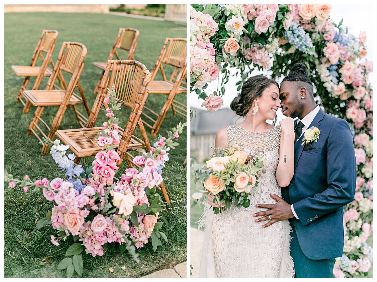 Close of wooden guest chairs on front lawn on left and couple nose to nose on right at The Olana Wedding venue for styled shoot photographed by Dallas Wedding Photographer Jenny Bui of Picture Bouquet Studio. 