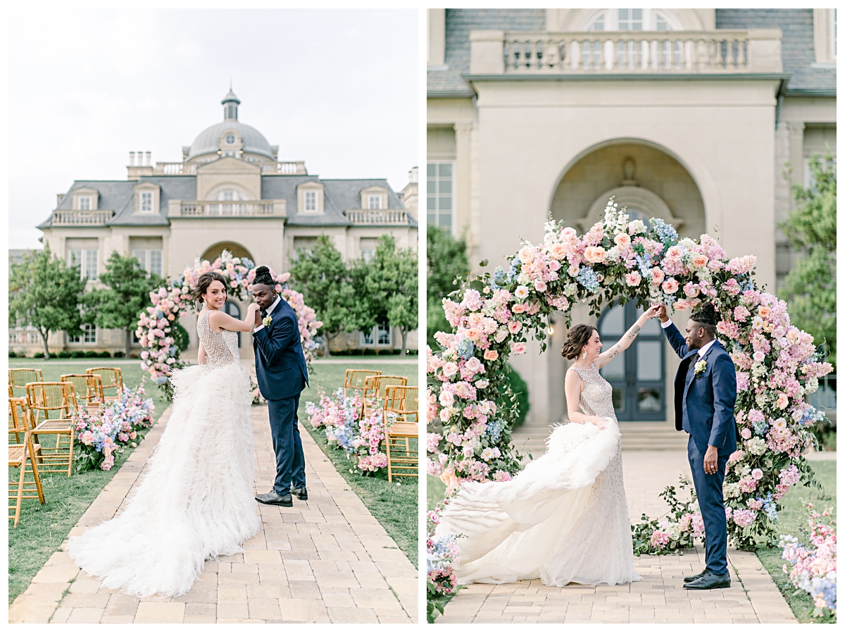 Groom in navy suit kisses and twirls bride in vintage beaded and feather wedding gown at The Olana Wedding venue for styled shoot photographed by Dallas Wedding Photographer Jenny Bui of Picture Bouquet Studio.  