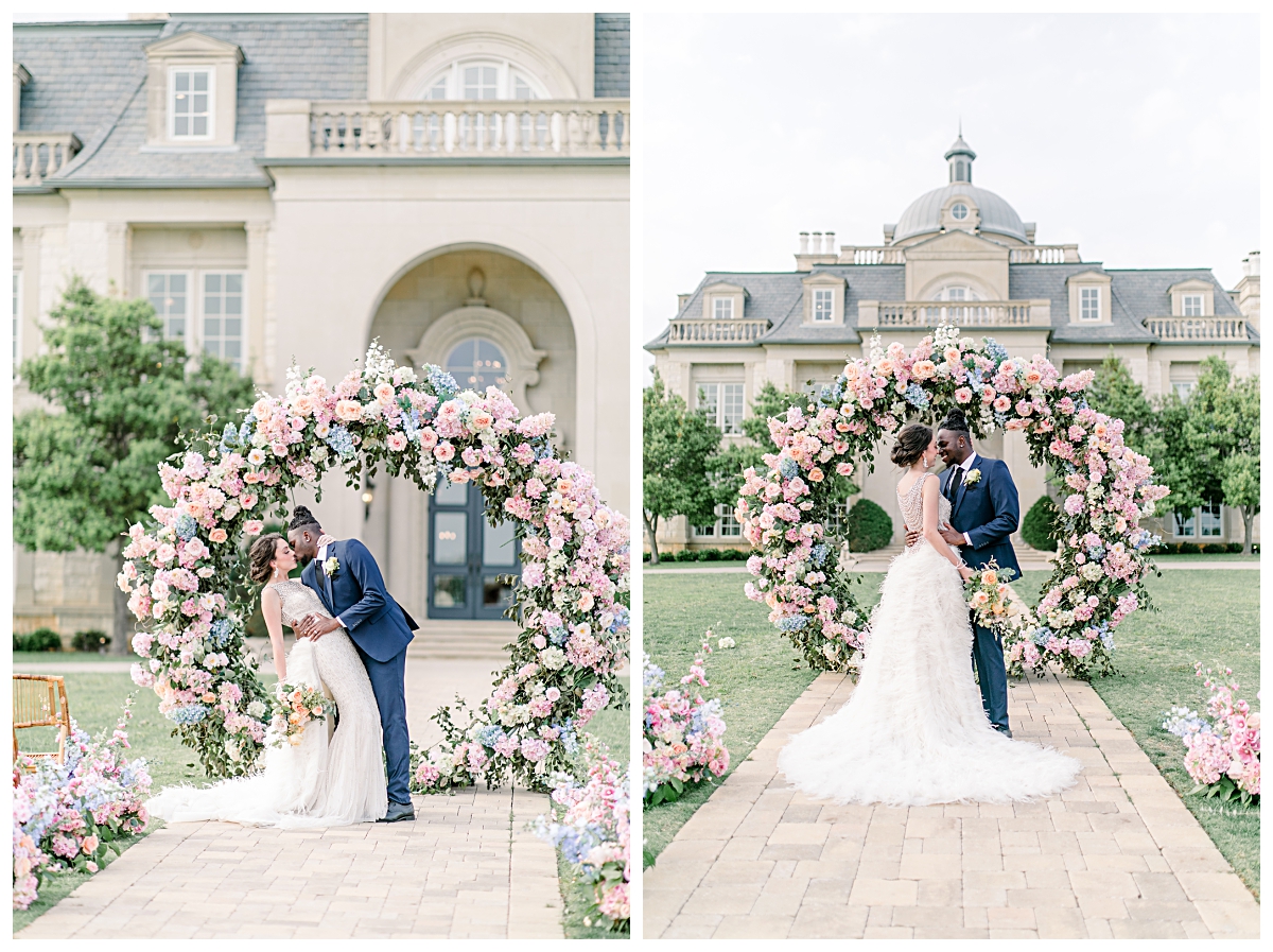 Groom and bride posing in front of circle floral arch in front of The Olana Wedding venue for styled shoot photographed by Dallas Wedding Photographer Jenny Bui of Picture Bouquet Studio. 