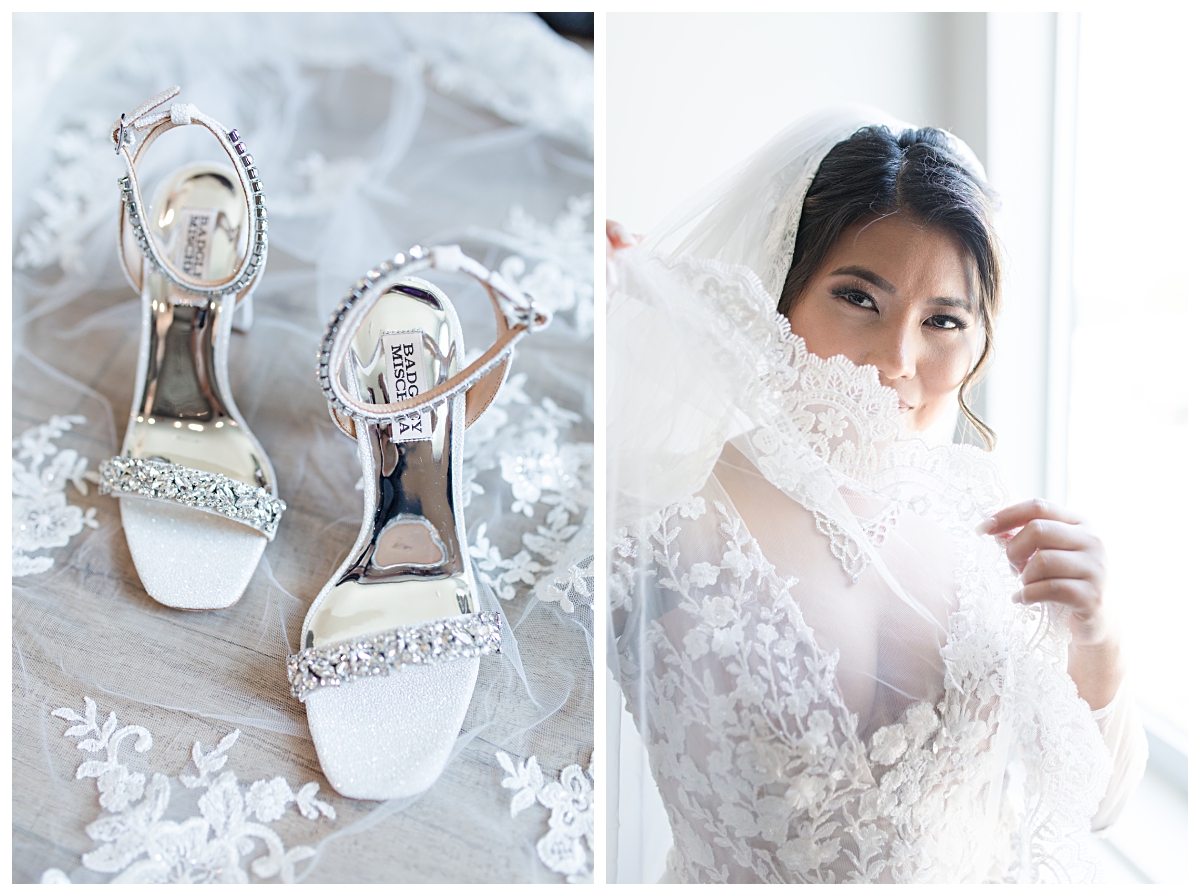 Badgley Mischka wedding day shoes and close up of bride and veil details from Lewisville Texas wedding photographed by Dallas wedding photographer Jenny Bui of Picture Bouquet Studio. 