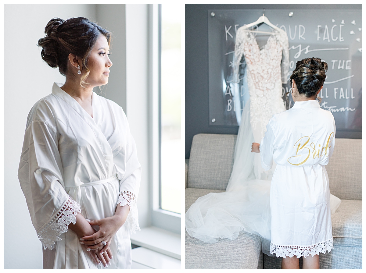 Bride gazing at wedding dress during getting ready portion of wedding day photographed by Dallas wedding photographer Jenny Bui of Picture Bouquet Studio. 