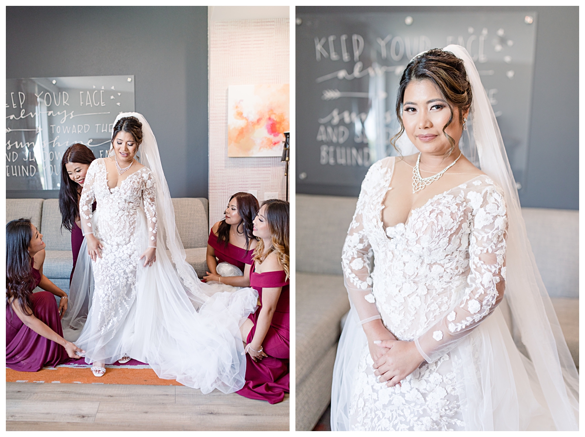 Bridesmaids helping bride get ready on left and bride smiling at camera on right for portraits during getting ready portion of wedding day photographed by Dallas wedding photographer Jenny Bui of Picture Bouquet Studio. 