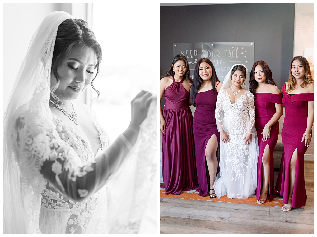 Beautiful black and white portrait of Texas bride on left and bride and bridesmaid in burgundy dress on right poses for portraits during getting ready portion of wedding day photographed by Dallas wedding photographer Jenny Bui of Picture Bouquet Studio. 