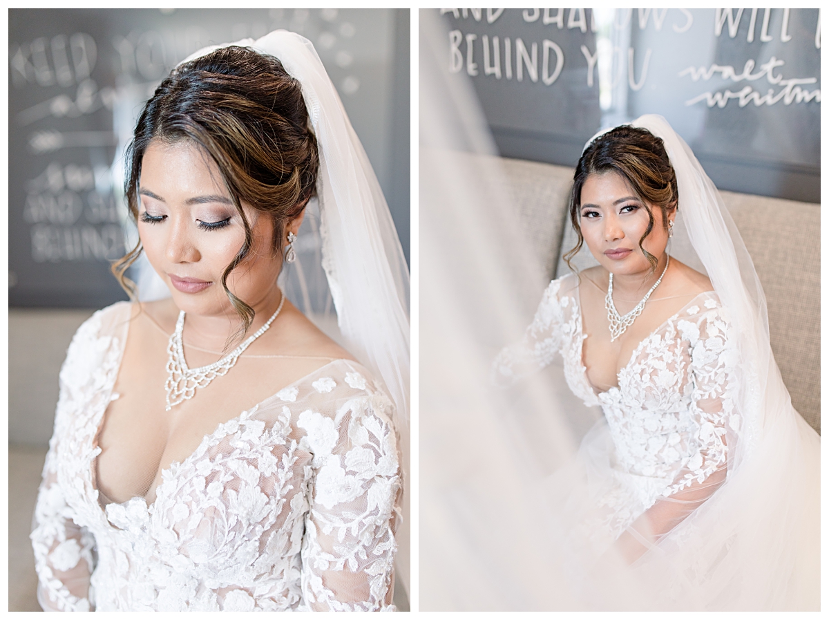 Gorgeous Texas Asian bride poses in lace wedding dress for portraits during getting ready portion of wedding day photographed by Dallas wedding photographer Jenny Bui of Picture Bouquet Studio. 