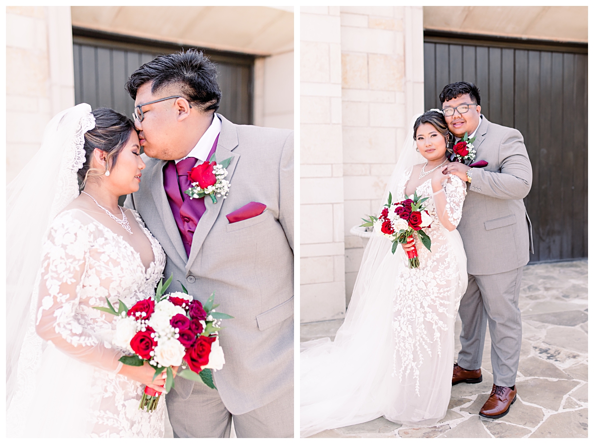Groom kissing bride on forehead on left and bride and groom leaning into one another on right for wedding portraits at Flower Mound Riverwalk photographed by Dallas wedding photographer Jenny Bui of Picture Bouquet Studio. 