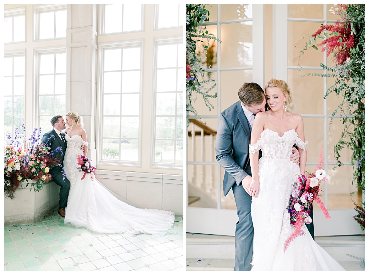Bride and groom leaning in on left and groom kissing bride on shoulder on right in front of glass doorway at The Olana photographed by Dallas wedding photographer Jenny Bui of Picture Bouquet Studio. 