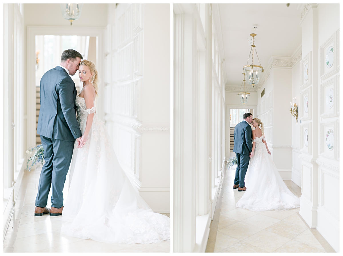 Bride in off shoulder wedding dress leans into groom in blue suit in the hallways of one of the best dallas wedding venue, The Olana, photographed by Jenny Bui of Picture Bouquet Studio. 