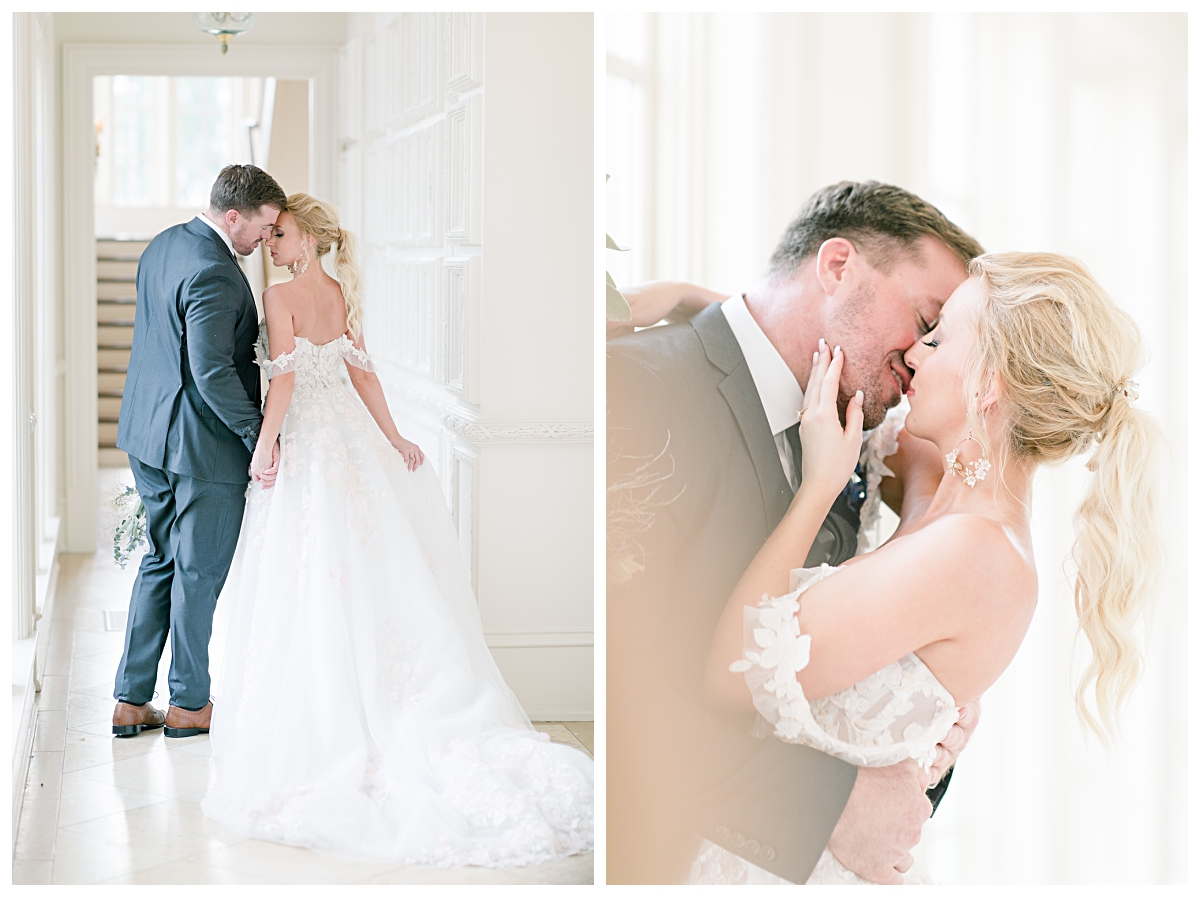 Bride in off shoulder wedding dress leans into groom and kisses as they walk down the hallways of one of the best dallas wedding venue, The Olana, photographed by Jenny Bui of Picture Bouquet Studio. 