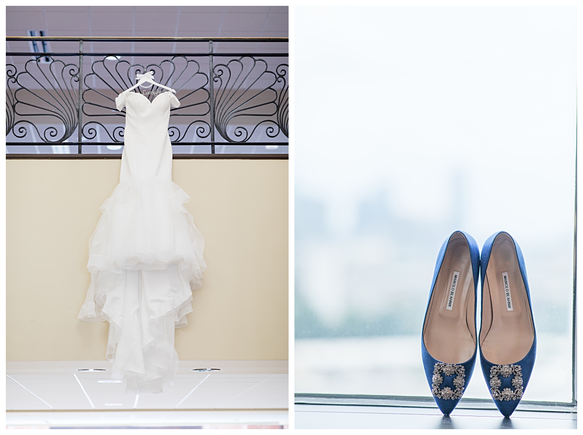 Wedding day dress hung on hotel staircase and royal blue Manolo Blahnik wedding day shoes photographed by Dallas wedding photographer Jenny Bui of Picture Bouquet Studio.  