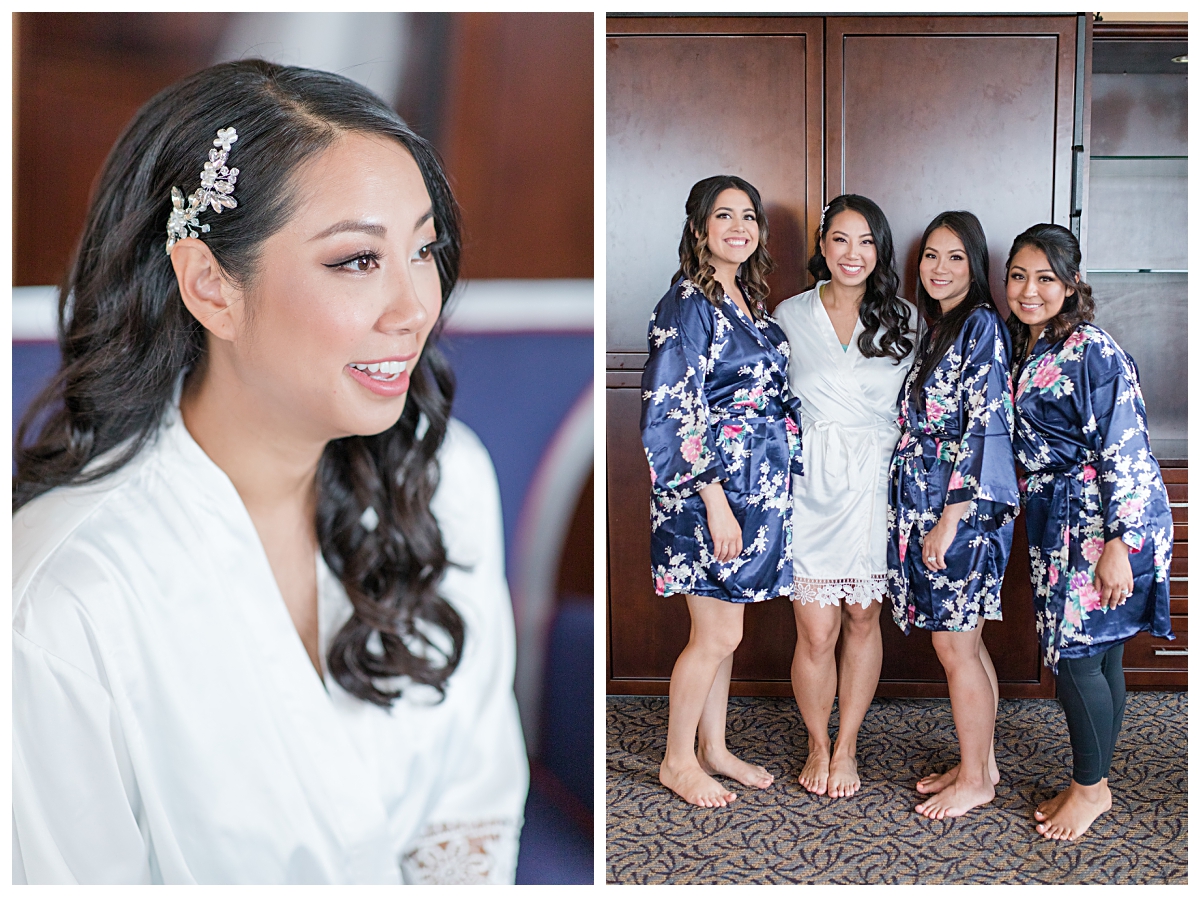 Beautiful bride on left and bride and bridesmaid in matching navy and floral robes on right on wedding day during getting ready portion photographed by Dallas wedding photographer Jenny Bui of Picture Bouquet Studio for Holy Trinity Catholic Church wedding in Dallas, TX.  