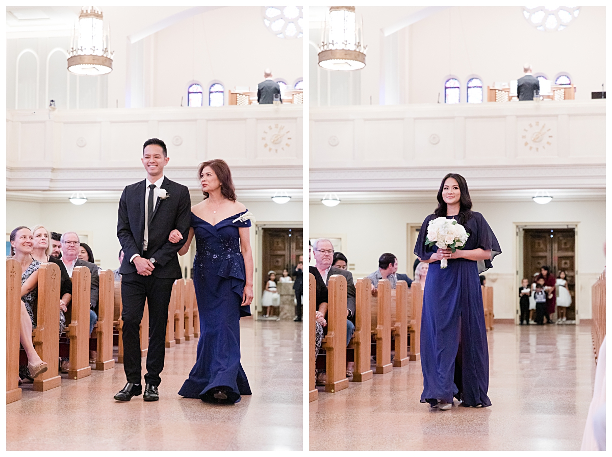 Bridesmaid and mother of bride walking down aisle during processional at Holy Trinity Catholic Church wedding photographed by Dallas wedding photographer Jenny Bui of Picture Bouquet Studio for Holy Trinity Catholic Church wedding in Dallas, TX.  