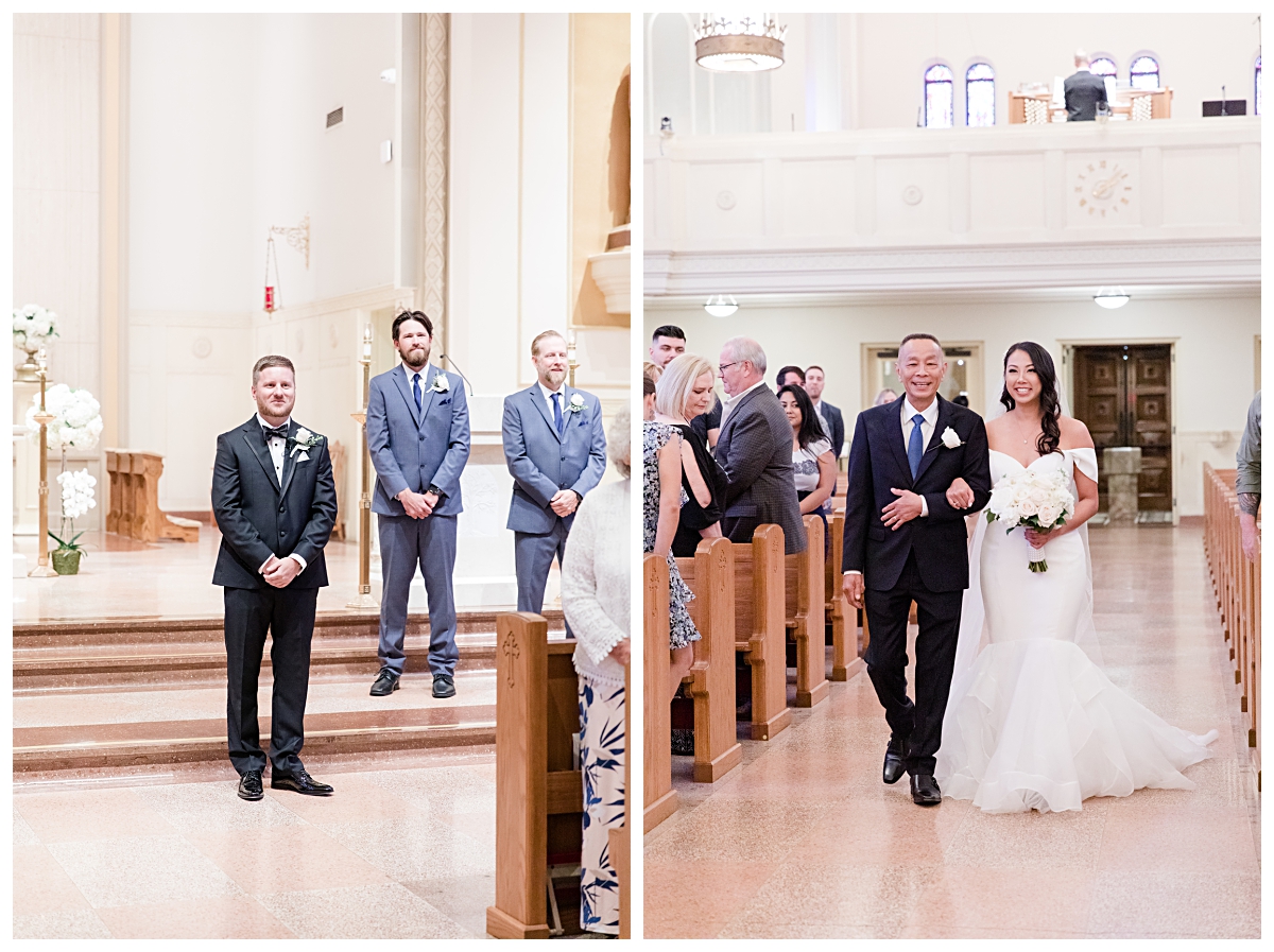 Groom gazing as bride walk down aisle with father photographed by Dallas wedding photographer Jenny Bui of Picture Bouquet Studio for Holy Trinity Catholic Church wedding in Dallas, TX.  