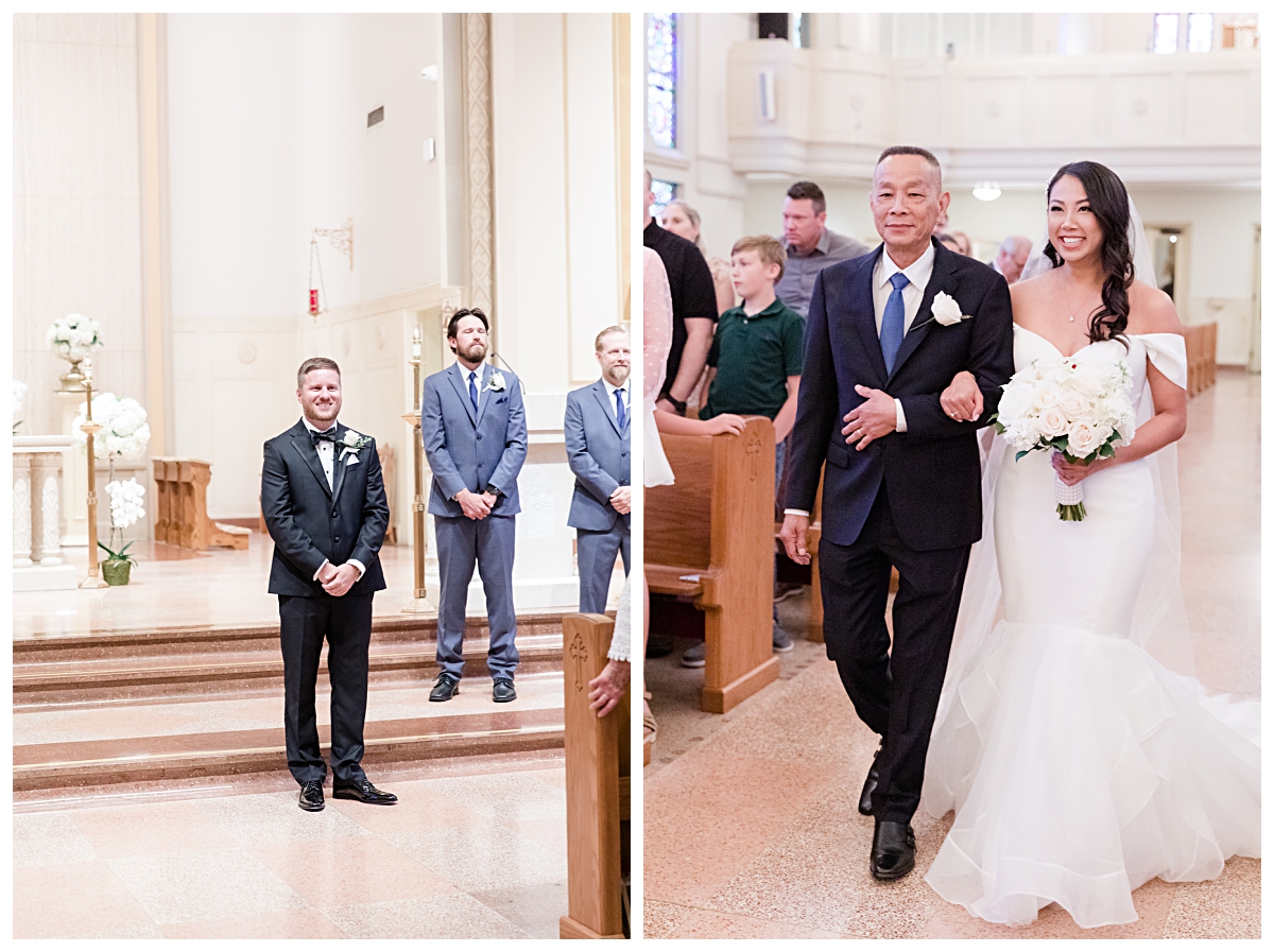 Groom gazing at bride walking down aisle photographed by Dallas wedding photographer Jenny Bui of Picture Bouquet Studio for Holy Trinity Catholic Church wedding in Dallas, TX.  