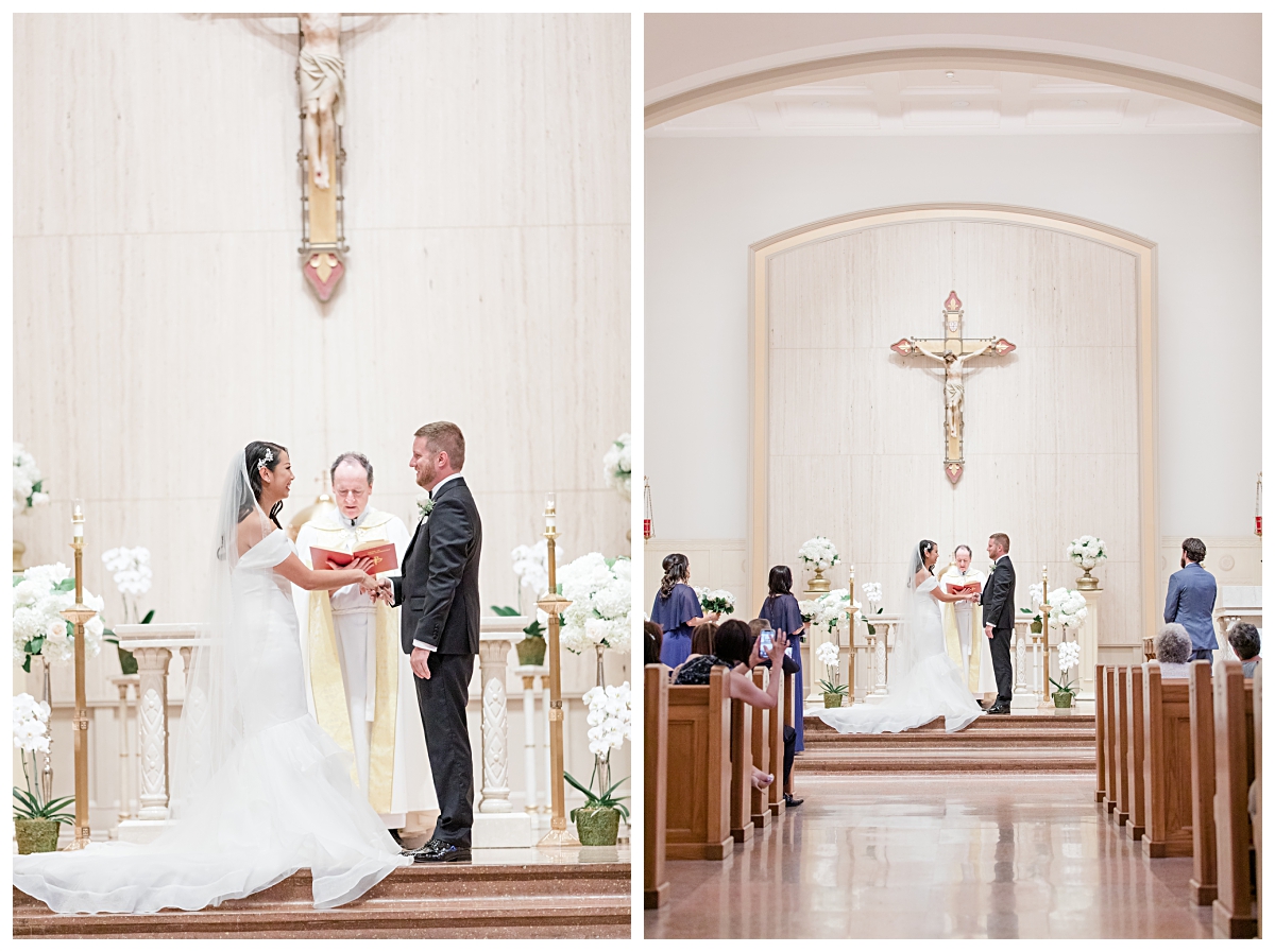 Bride and groom exchanging vows in church photographed by Dallas wedding photographer Jenny Bui of Picture Bouquet Studio for Holy Trinity Catholic Church wedding in Dallas, TX.  