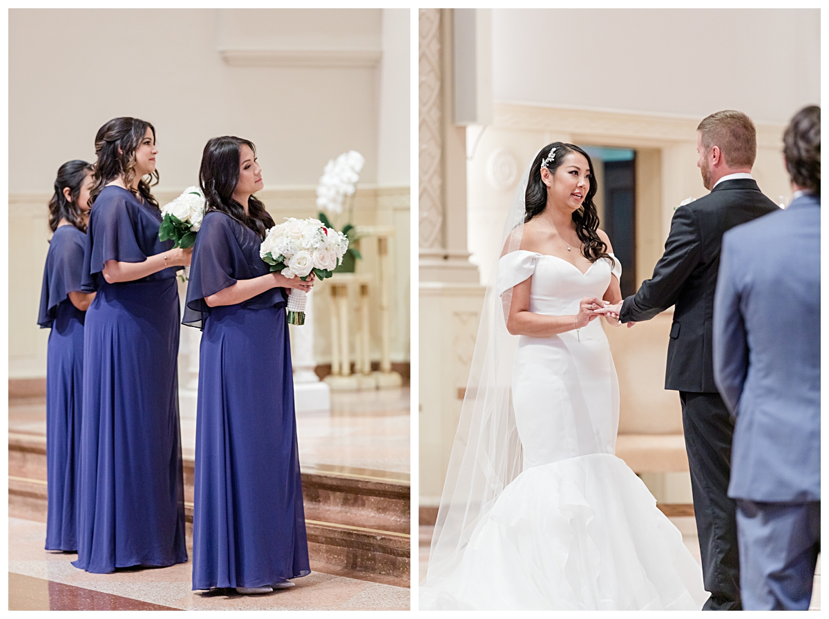Bridesmaid in royal blue gazing as bride and groom exchanges rings photographed by Dallas wedding photographer Jenny Bui of Picture Bouquet Studio for Holy Trinity Catholic Church wedding in Dallas, TX.  