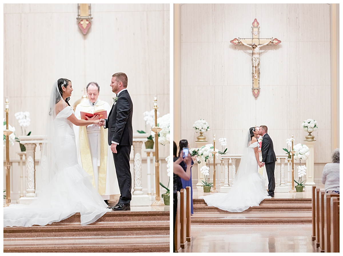 Bride and groom holding hands and kisses during wedding day ceremony photographed by Dallas wedding photographer Jenny Bui of Picture Bouquet Studio for Holy Trinity Catholic Church wedding in Dallas, TX.  