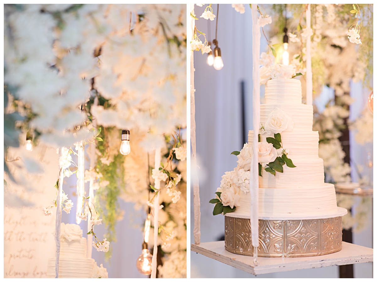 Close up shots of hanging lights and florals and floating wedding day cake photographed by Dallas wedding photographer Jenny Bui of Picture Bouquet Studio for The Pearl  wedding in Dallas, TX.   