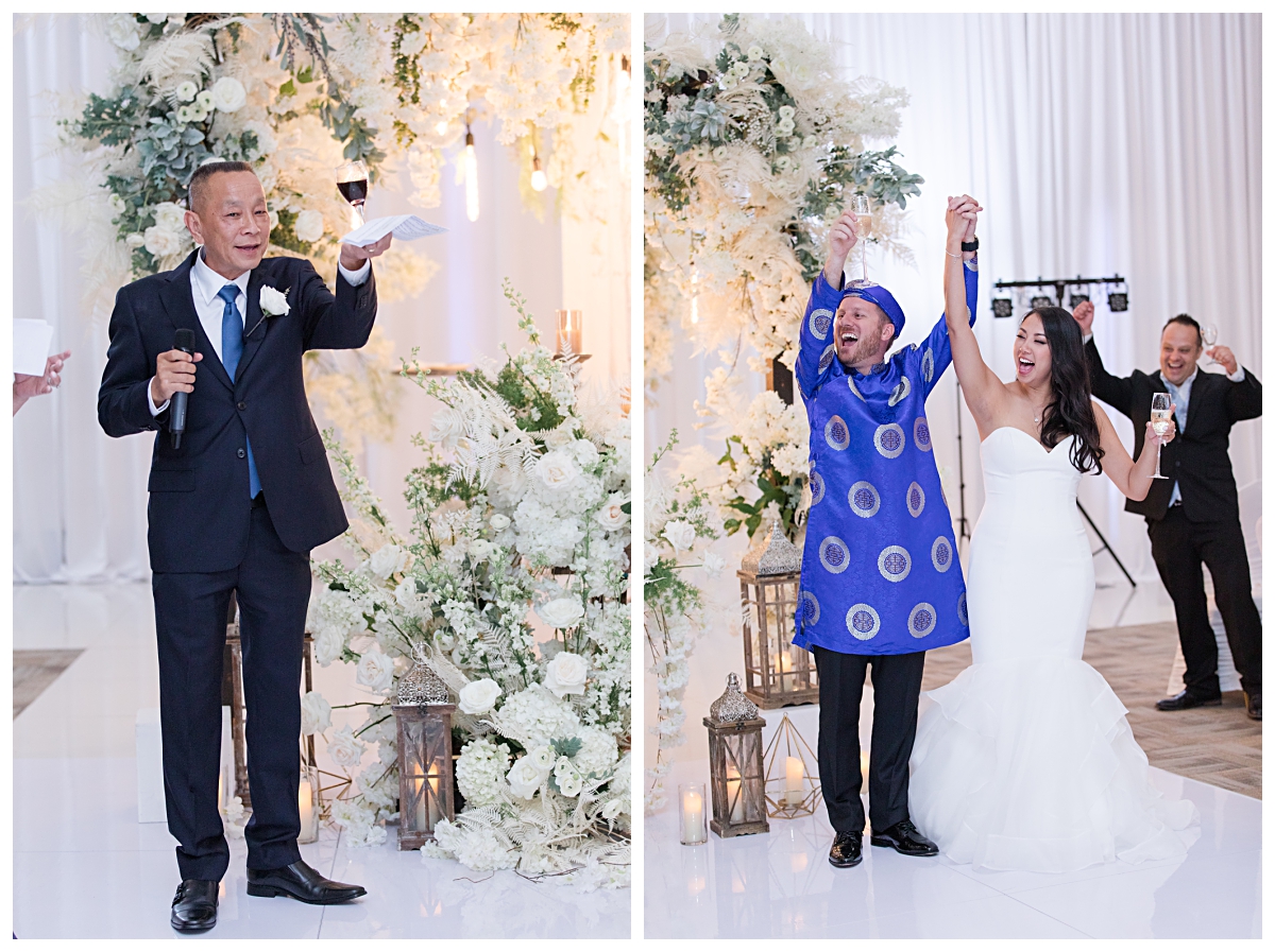 Bride and groom cheering during wedding day speech by father of the bride photographed by Dallas wedding photographer Jenny Bui of Picture Bouquet Studio for The Pearl  wedding in Dallas, TX.   
