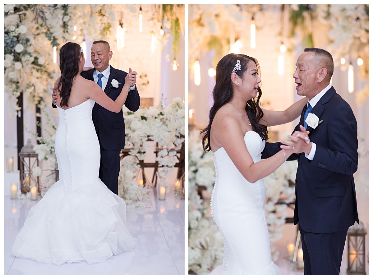 Father of the bride dance during wedding reception photographed by Dallas wedding photographer Jenny Bui of Picture Bouquet Studio for The Pearl  wedding in Dallas, TX.   