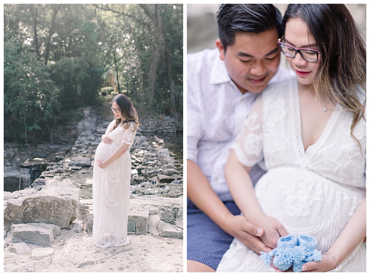 Long white lace maternity dress on pregnant mommy to be on left and parents to be holding baby boy booties on right photographed for Prairie Creek Maternity session by Jenny Bui of Picture Bouquet Studio. 