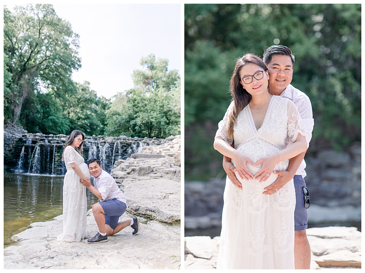 Husband listening to baby in belly on left and husband hugging wife on right and cupping her pregnant belly on right for Prairie Creek Maternity session photographed by Dallas wedding and portrait photographer Jenny Bui of Picture Bouquet Studio. 