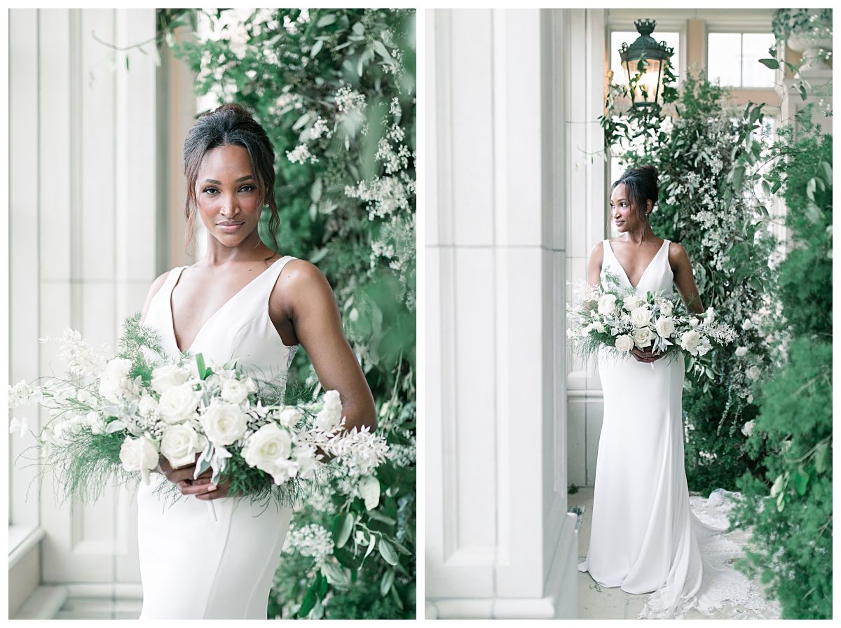 Gorgeous bride gazing at camera holding white rose bouquet on left and looking out window on right for editorial bridal shoot at The Olana pool room photographed by Dallas wedding photographer Jenny Bui of Picture Bouquet Studio. 
