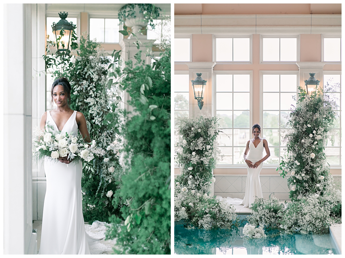 Gorgeous bride standing next to stunning floral arrangement by pool for editorial bridal shoot at The Olana pool room photographed by Dallas wedding photographer Jenny Bui of Picture Bouquet Studio. 