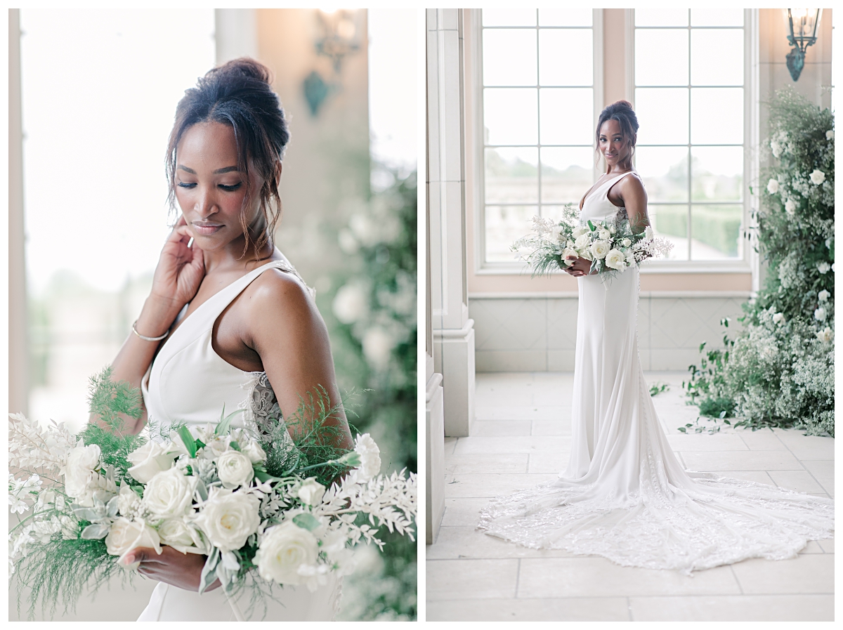 Bride looking down at bouquet for editorial bridal shoot at The Olana photographed by Dallas wedding photographer Jenny Bui of Picture Bouquet Studio.