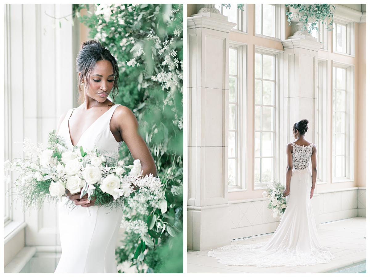 Bride gazing down at white rose bouquet on left and gazing out window while holding bouquet on right for editorial bridal shoot at The Olana pool room photographed by Dallas wedding photographer Jenny Bui of Picture Bouquet Studio. 