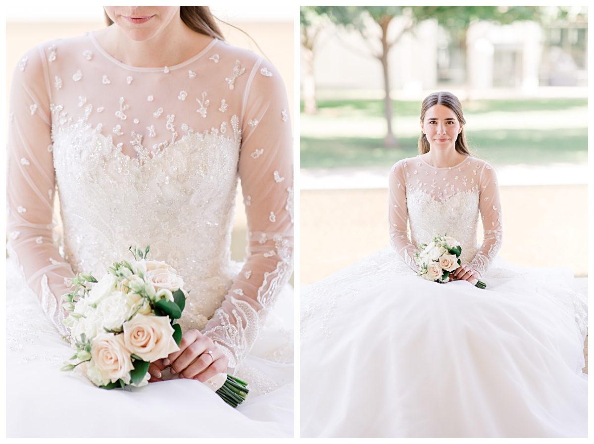 Close up of lace beaded wedding gown and cream and white bouquet on left and close up portrait of beautiful bride on right for Kimbell Art Museum wedding portraits photographed by Dallas wedding photographer Jenny Bui of Picture Bouquet Studio. 
